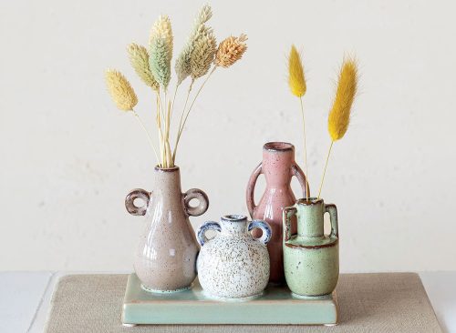 Creative Co-Op 4 Stoneware Mounted Vases on a Base with Reactive Glaze, Multicolor
