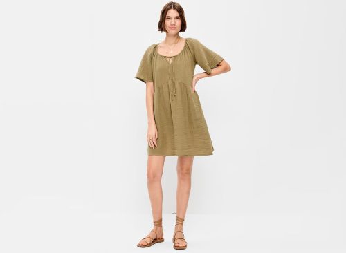 Crinkle Gauze Flutter-Sleeve Mini Swing Dress