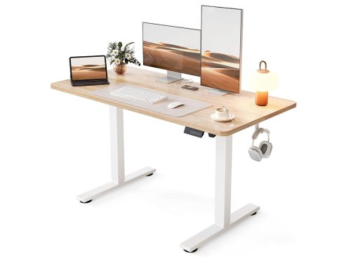 Cubiker Standing Desk, 48x24 Inches Sit Stand Home Office Desk, Electric Stand up Desk, Adjustable Desk with Splice Board, White Frame/Maple Top
