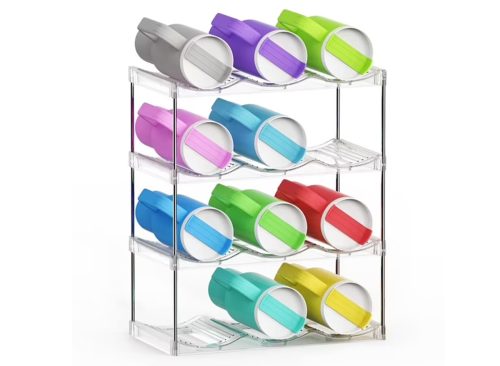 FOUKUS Water Bottle Organizer 4-Tier Stackable Holder – Fits 12 Large 40oz Tumblers Compatible with Stanley Cup, Modular Storage Rack – Clear Plastic Organizer for Cabinet, Kitchen, Pantry, Fridge