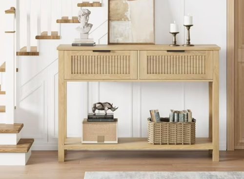 Farmhouse Entryway Table,43 Inch Wood Console Table with 2 Drawers,2 Tier Sofa Table with Storage for Living Room, Foyer Tables for Entryway-Burlywood