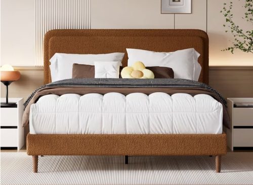 Frostbloom Queen Bed Frame with Boucle Adjustable Headboard, Cloud Style Upholstered Platform Bed, Brown
