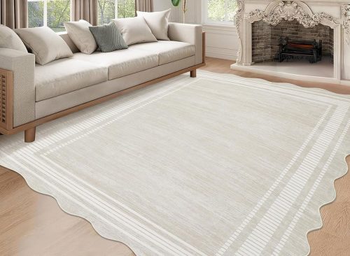 Garvee Scalloped Modern Abstract Area Rug 8x10 Washable Rug for Living Room, Non-Slip Soft Carpet for Bedroom, Scalloped Low-Pile Solid Print Accent Rug for Dining Room Home Office, Beige