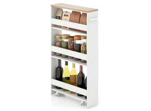 Giantex 4 Tier Rolling Slim Storage Cart, 5" Narrow Slide Out Kitchen Cart w/Handle & Open Shelves, Space-Saving Compact Mobile Utility Trolley for Small Space Laundry Room (White & Natural)