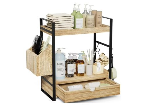 Gijjgole 2-Tier Bathroom Counter Organizer with Drawer and Basket, Wood Countertop Organizer for Storage, Skincare Organizers for Vanity, Counter Shelf for Bathroom Organization