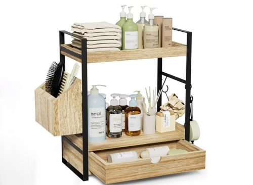 Gijjgole 2-Tier Bathroom Counter Organizer with Drawer and Basket, Wood Countertop Organizer for Storage, Skincare Organizers for Vanity, Counter Shelf for Bathroom Organization