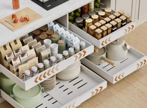 Gimgong Expandable Pull Out Cabinet Organizer with 3 Slide Rails, Sliding Drawers for Cabinet, White, 21"D x 12"-20"W