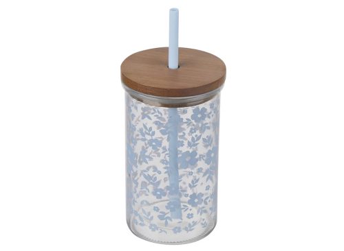 Glass Tumbler with Lid, Flower Pattern, Assorted