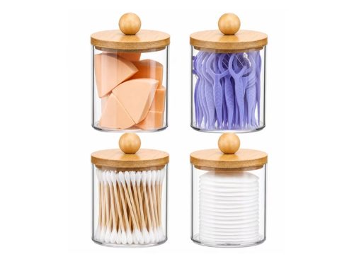HBlife 4 Pack Qtip Holder Dispenser with Bamboo Lids - Clear Plastic Apothecary Jar for Makeup Storage - Bathroom Set