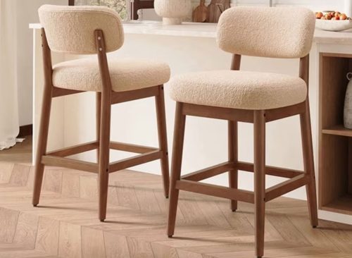 Hawsaiy Counter Height Bar Stools Set of 2, Mid Century Modern Boucle Barstools with Solid Wood Frame, Upholstered Kitchen Island Stools with Backrest & Footrest, Beige