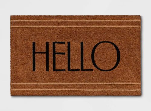 1'6"x2'6" 'Hello' Stripe Border Coir Doormat Natural - Threshold™: Outdoor Welcome Mat, Rectangle, Medium Pile