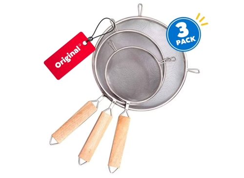 JEEXI Set of 3 Premium Strainers - Sieve Mesh Extra Fine Stainless Steel Strainers, Wooden Handles, Ideal to Strain Pasta, Quinoa and Rice
