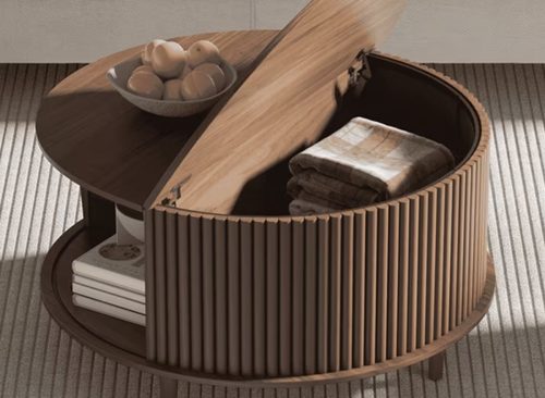 JOINICE Round Coffee Table with Storage and Sliding Door,Mid Century Modern Wooden Center Table,for Living Room,Walnut