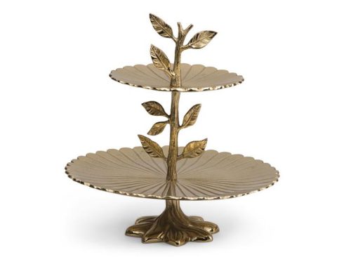 JOLIE FLEUR 13x12 Two Tiered Lemon Leaves Scalloped Gold Tone Server