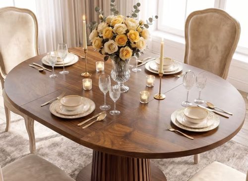 Keenstone Round Dining Table 43"-59" Extendable, for 4 to 6, with Storage Space, Kitchen Dinner Room Table for Dining Room and Small Space Walnut