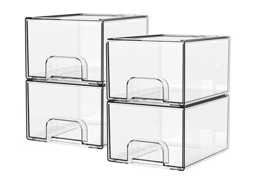 Kisportee 4 Pack Stackable Makeup Storage Drawers, 4.4'' Tall Clear Bathroom Makeup Cosmetics Organizer, Plastic Storage Bins for Vanity, Undersink, Kitchen Organization