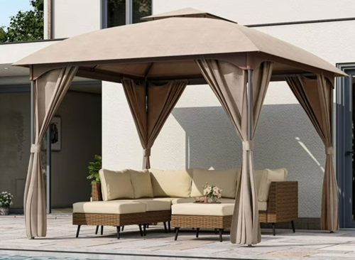 LAUSAINT HOME 10'x10' Patio Gazebo with Privacy Screens & Anchoring Kit, Outdoor Double Roof Metal Frame Gazebo in Khaki