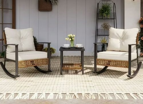 LAUSAINT HOME 3 Pieces Patio Outdoor Conversation Set with 2-Tier Coffee Table, PE Wicker Rocking Chairs with Beige Cushions