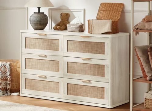 LEYAOYAO Horizontal 6 Drawer Dresser, Bedroom Rattan Dresser, Boho Chest of Drawer for Living Room, Hallway, Grey White
