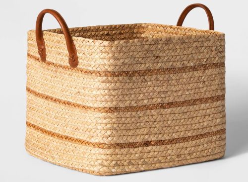 Large Braided Water Hyacinth Basket with Faux Leather Handles - Threshold™: Multicolor Storage & Organization, 13" Cube System
