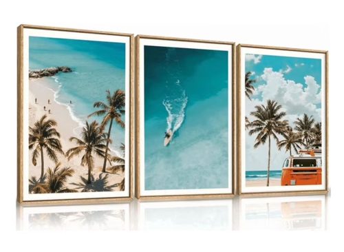 Large Nature Surfboard Beach Framed Canvas Wall Art,Summer Ocean Surfing Wall Decor,Palm Trees Wall Painting,Modern Picture Artwork for Living Room,Bedroom,Dining Room,Office -16"x24"x3