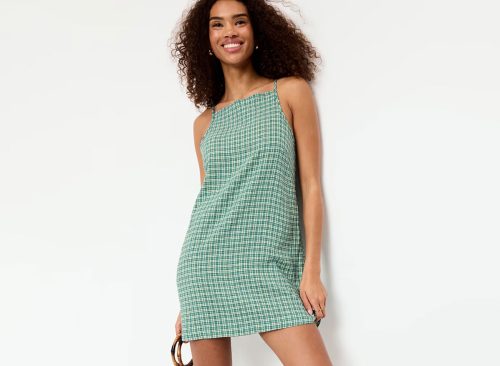 Linen-Blend Apron-Neck Mini Shift Dress