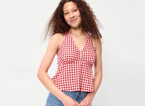 Linen-Blend V-Neck Halter Top