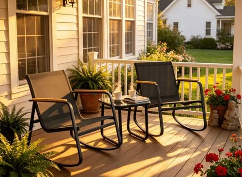 Lofka 3 Piece Patio Furniture Set, All Weather Teslin Outdoor Rocking Chair Set with Tempered Glass Coffee Table, Outdoor Seating Set for Backyard Balcony Porch Garden, Black