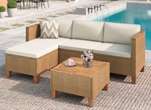 MF Studio 3-Piece Patio Furniture Conversation Set, Weather-Resistant Wicker Outdoor Sectional Sofa Set with Table & Cushions, Small Balcony & Porch Friendly