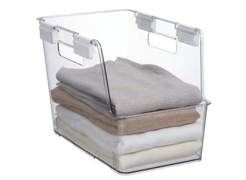 Mainstays Small Clear Plastic Stackable Bin for Closet with White Latches