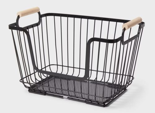 Metal Stackable Wire Pantry Basket with Rubber Wood Handle Black - Brightroom™: Kitchen Storage Organizer, 9"x13.5"