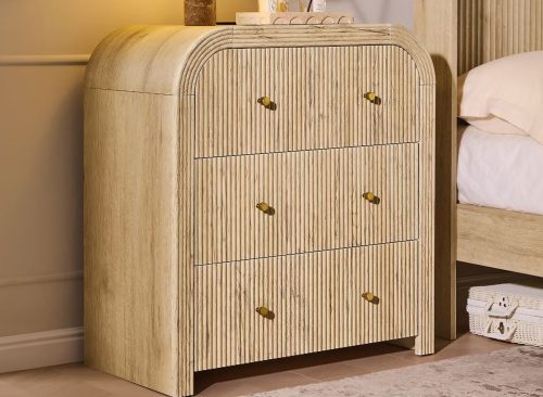 Nightstand with Charging Station, Modern Fluted 3-Drawer End Table, Large Storage Bedside Table for Bedroom Living Room, Natural Oak