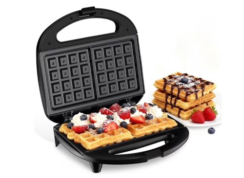 OSTBA 2-Slice Waffle Maker with Non-Stick Plates, Cool Touch Handle & Indicator Lights, 750W Belgian Waffle Maker for Quick Breakfast & Snacks, Easy Clean, Black