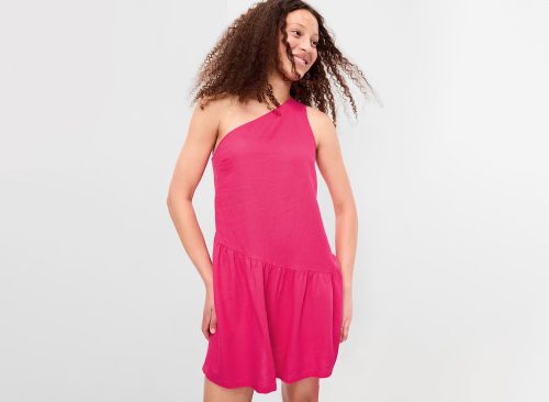 One-Shoulder Asymmetrical Linen-Blend Mini Dress
