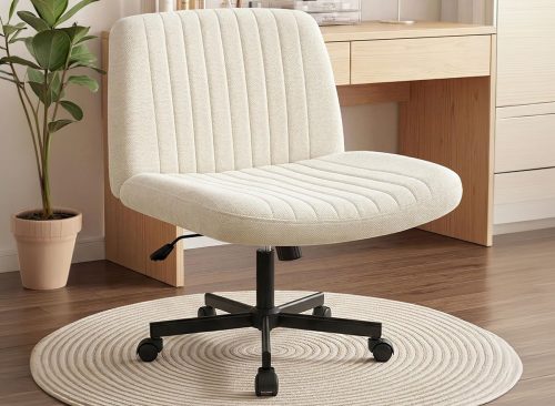 Orange Factory Criss Cross Chair Wheels Wide Cross Legged Office Desk Vanity Chair Comfy Fabric Armless Adjustable Swivel for Home Computer Task (Beige Wheel, Fabric)