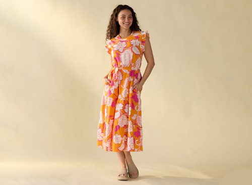 Orange and Pink Print Midi Dress