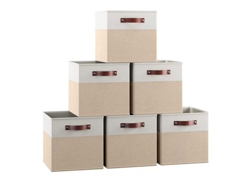 Ornavo Home Foldable Collapsible Storage Box Bins Linen Fabric Shelf Basket Cube Organizer with Leather Handles - Set of 6 - 11 x 11 x 11 - White/Khaki