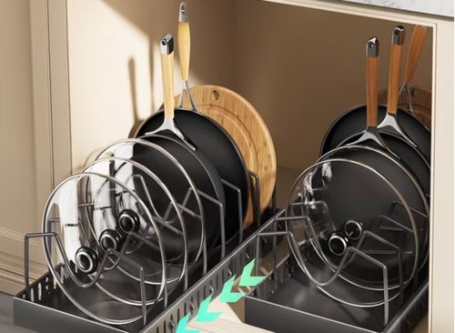 Pull-out Pots and Pans Organizer 2 Pack - Under Cabinet Pot Lid Holder for Kitchen - Bakeware & Dishes Storage Rack with Slide Rails, Black