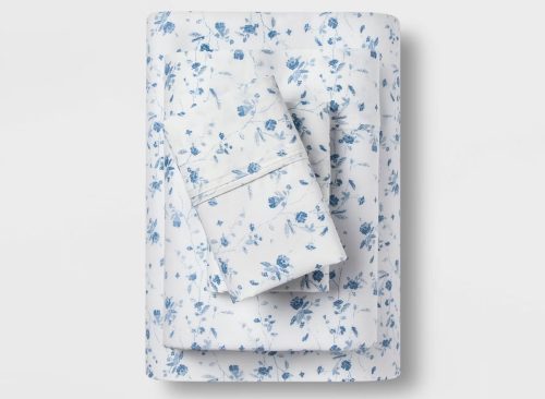Queen Printed Performance 400 Thread Count Sheet Set White/Blue Floral - Threshold™: Cotton Sateen, Deep Pockets, OEKO-TEX Certified
