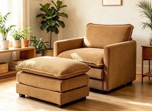 RIAFUN Single Armchair with Ottoman, Modern Corduroy Cloud Couch with Convertible Chaise, Oversized 56" Deep Seat Upholstered Sofa Set, Comfy Modular Small Space Furniture for Living Room, Yellow