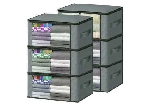 Rirool Foldable Storage Box, 6 Pack Clothes Organizer with Clear Windows, Sturdy Handles Storage Bag 19.7 x 13.78 x 7.87 inches, Gray