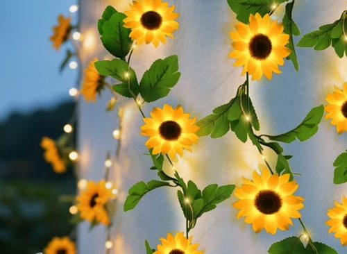 Rirool Solar Sunflower String Lights Outdoor 16FT, 50LED Waterproof Fairy Lights for Garden, Patio, Fence - Warm White Solar Powered Deco