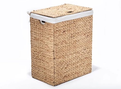 Seville Classics Lidded Foldable Water Hyacinth Laundry Basket with Washable Liner, Brown