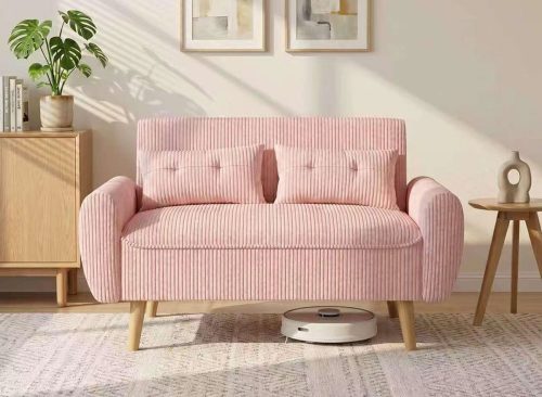 Shintenchi 48'' Loveseat Sofa, Mid-Century Modern Upholstered Couch Deep Seat with 2 Pillows, 10" Thick Cushion with Spring, Solid Wood Frame Small Couch for Living Room, Bedroom, Dorms & Office, Pink