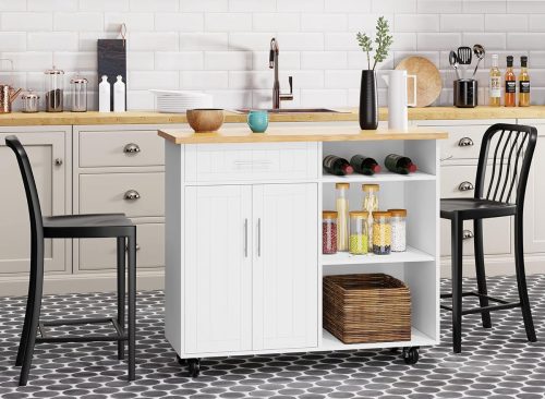 Shintenchi Kitchen Island Cart with Storage,Rolling Kitchen Island Side Table on Wheels with Large Worktop,Storage Cabinet,Towel Rack and Drawers for Kitchen,Dinning Room,Black