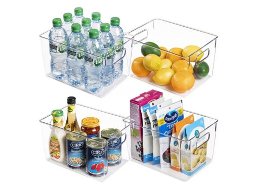 Sindcom 4 Pack Clear Plastic Storage Bins with Handles, Pantry Organizer Bins, for Refrigerator, Freezer, Cabinet, Kitchen, Countertops, Large