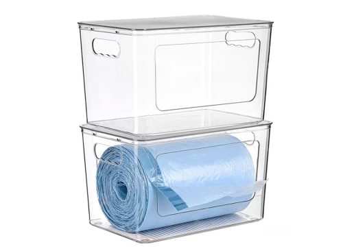 Sindcom Under Sink Trash Bag Holder & Dispenser, 2-Pack Stackable Organizer Bins for 13/30/33 Gallon Garbage Bags, Clear Storage for Kitchen, Laundry Room & Bathroom Organization