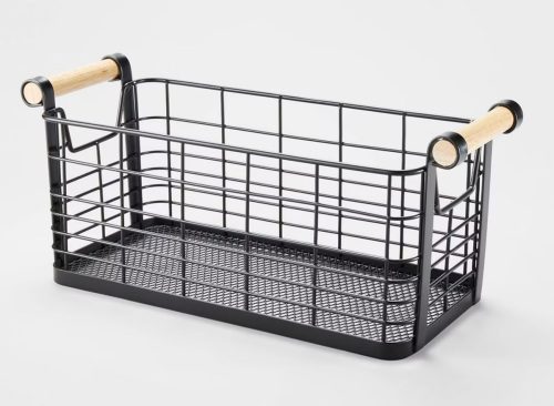 6.25 '' x 13.75" x 6" Small Rectangular Wire Natural Wood Handles Basket Black - Brightroom™: Metal Storage, Powder-Coated