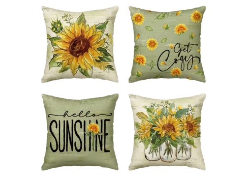 Sm:)e Watercolor Hello Sunshine Sunflower Summer Pillow Cover 18x18 Inch Set of 4, Green