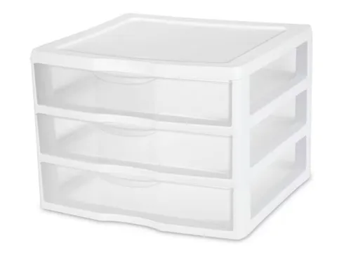 Sterilite Wide 3 Drawer Unit, Clear Plastic Countertop or Desktop Drawers, White